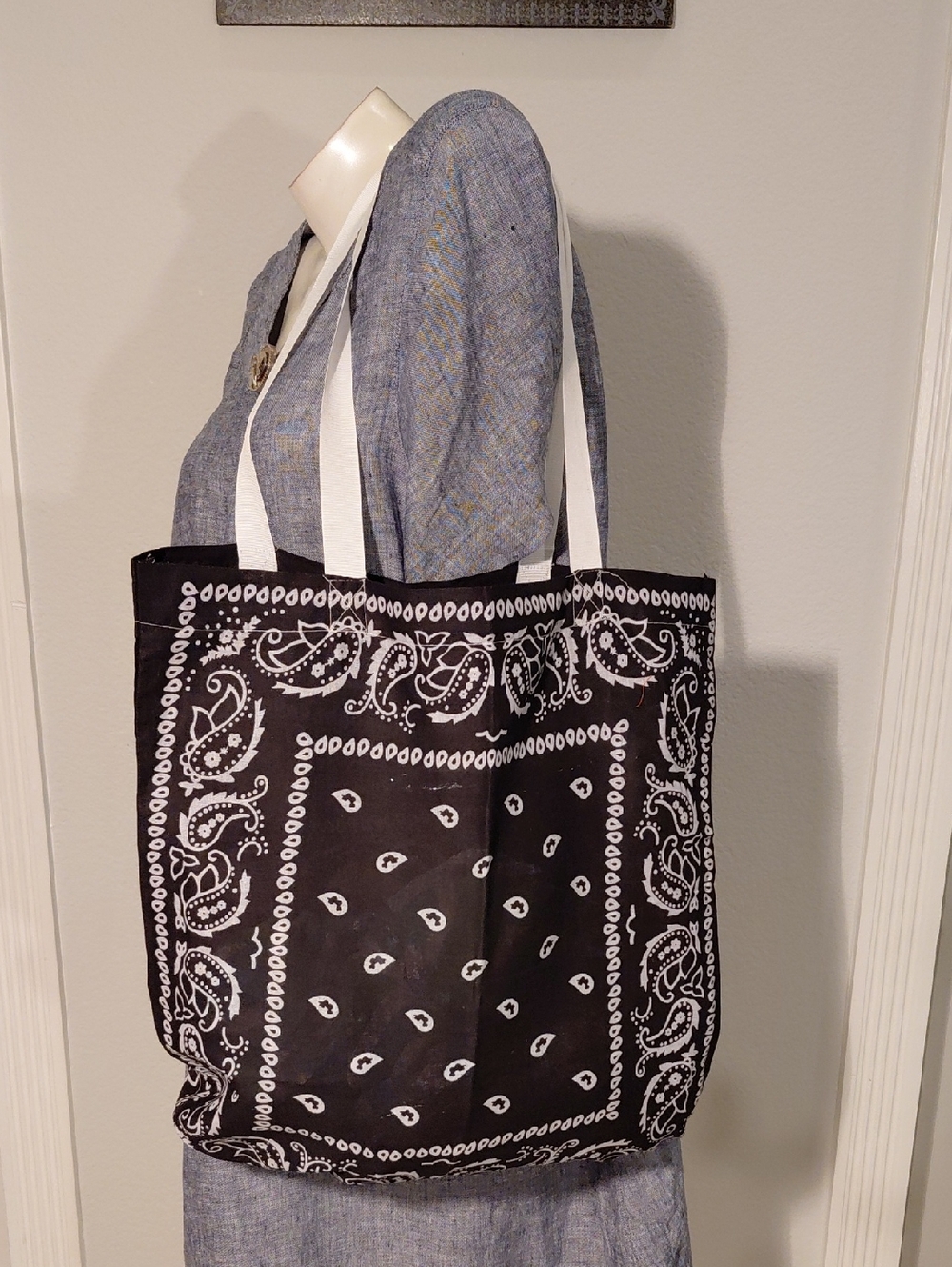 Black Paisley Bandana Tote Bag with White Straps